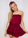 Gauze Strapless Romper Dress- game day, game days, MAROON, RED, red romper, ROMPER, Romper dress-Ace of Grace Women's Boutique