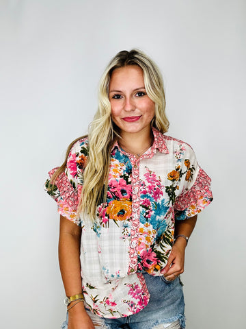 Floral Print Tiered Ruffle Sleeve Top