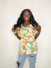 Orange Multi Floral Print Top- floral, floral pattern, floral print, FLORAL TOP, ORANGE TOP, plus size, PLUS SIZE TOP, SIDE SLIT, V NECK, V NECK TOP-Ace of Grace Women's Boutique