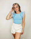 Baby Blue Ruffle Sleeve Crop Top- BLUE CROP TOP, crop top, game, game day, game days, gameday-Ace of Grace Women's Boutique