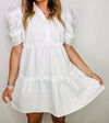 White Button Down Puff Sleeve Dress- babydoll dress, BRIDE, BRIDE DRESS, game day, game days, PUFF SLEEVE, puff sleeves, WHITE, WHITE DRESS-Ace of Grace Women's Boutique