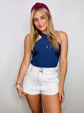 Navy Blue Cross Neck Knit Top