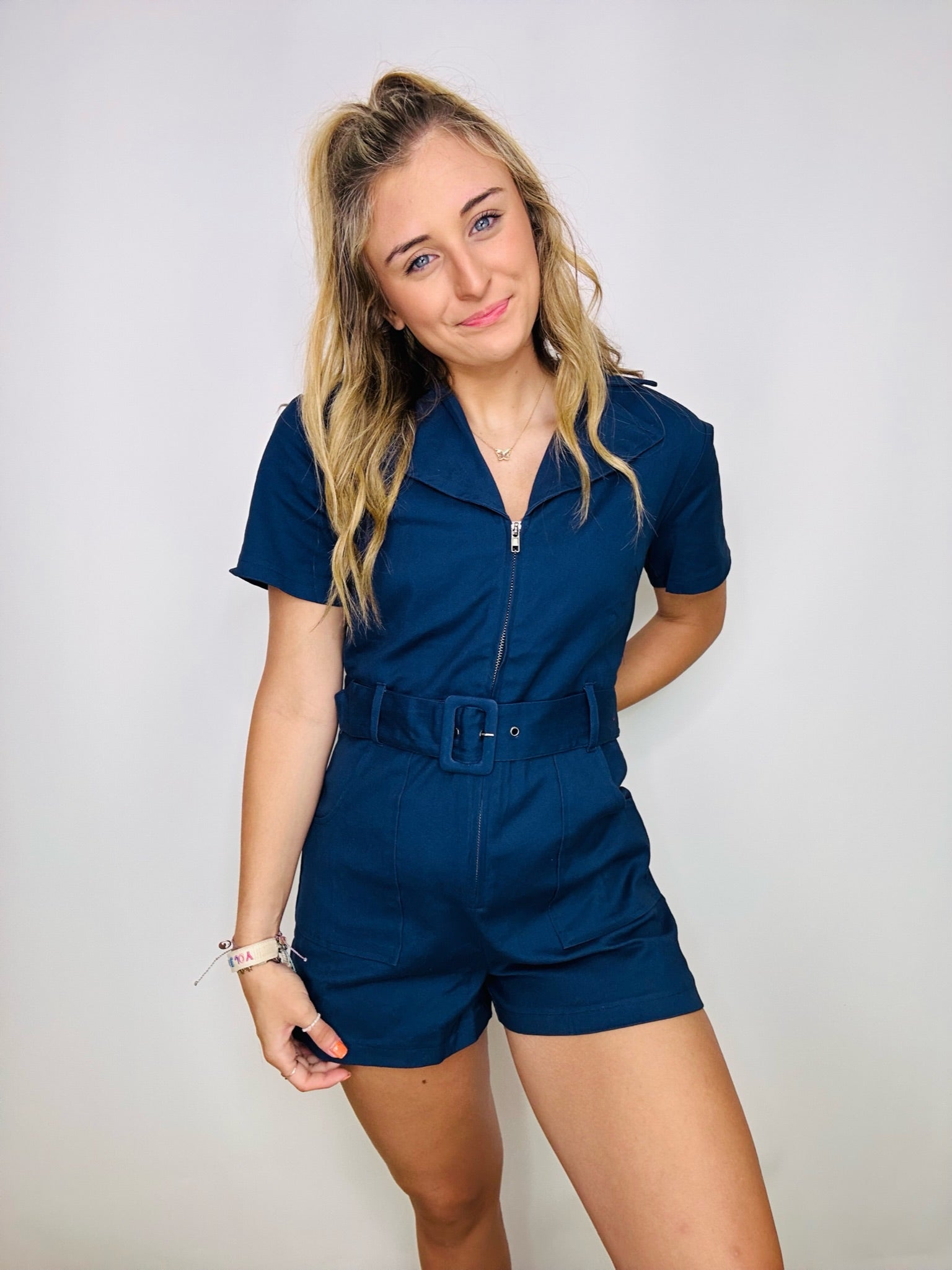 Navy Belted Denim Romper