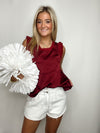 Ribbed Ruffle Satin Top- CRIMSON, game, game day, game days, gameday, MAROON, maroon top, NAVY-Maroon-S-Ace of Grace Women's Boutique