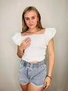 White Ruffled Short Sleeve Knit Top- short sleeve, WHITE, white top-Ace of Grace Women's Boutique