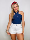 Navy Blue Cross Neck Knit Top- blue top, Cross neck, gameday, hotty toddy, Navy blue, TOP-Ace of Grace Women's Boutique