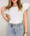 White Ruffled Short Sleeve Knit Top- short sleeve, WHITE, white top-Ace of Grace Women's Boutique