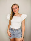 White Ruffled Short Sleeve Knit Top- short sleeve, WHITE, white top-Ace of Grace Women's Boutique