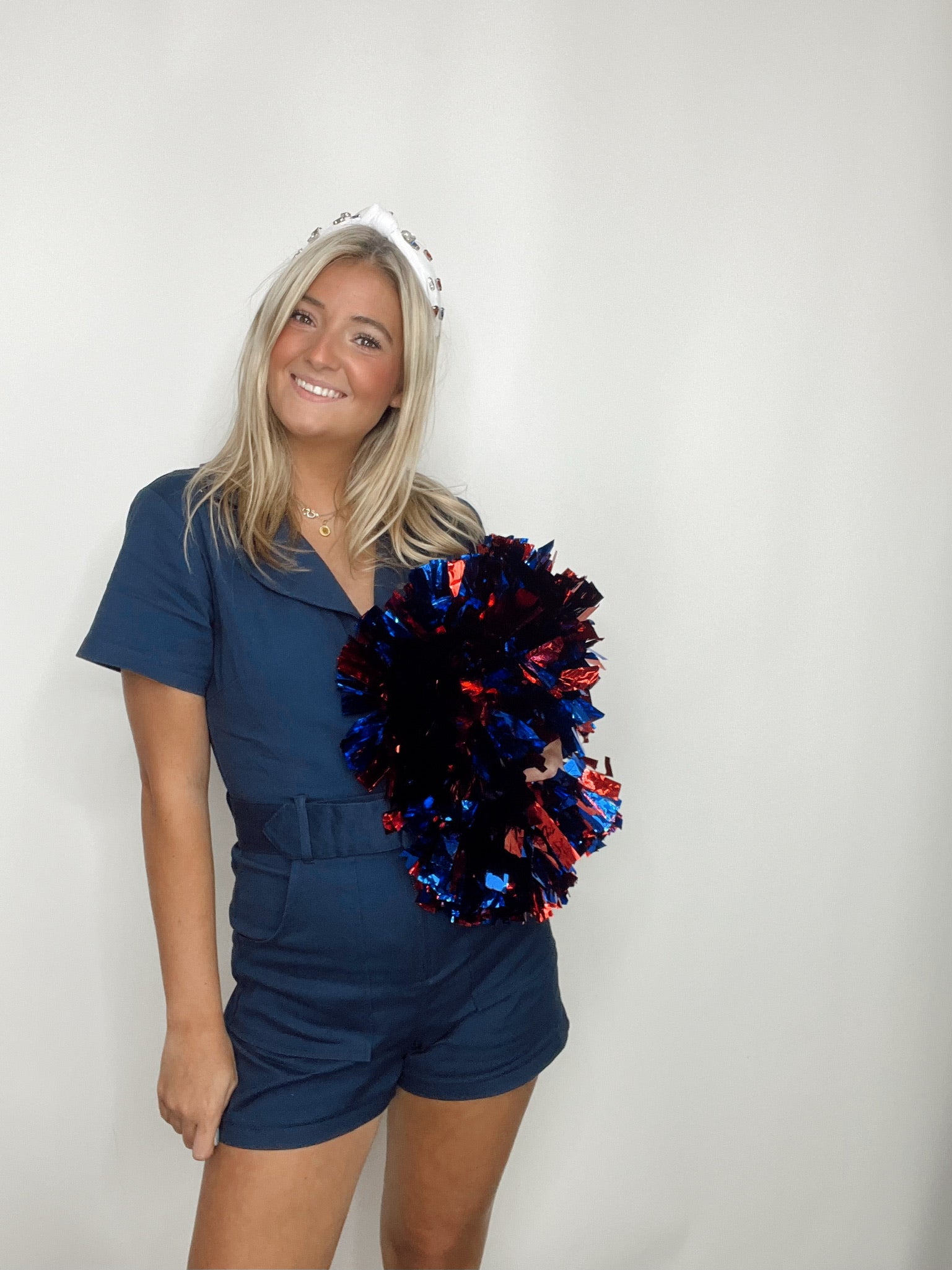 Navy Belted Denim Romper