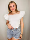 White Ruffled Short Sleeve Knit Top- short sleeve, WHITE, white top-Ace of Grace Women's Boutique