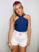 Navy Blue Cross Neck Knit Top
