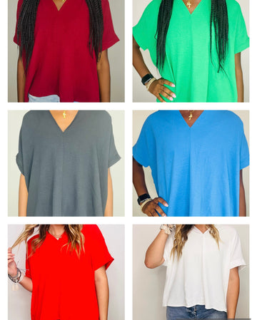 Oversized V-Neck Short Sleeve Work Top