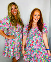 Vibrant Floral Print Smocked Dress- church dress, colorful dress, floral, floral dress, floral pattern, floral print, flowy dress, plus size dress, summer dress-Ace of Grace Women's Boutique