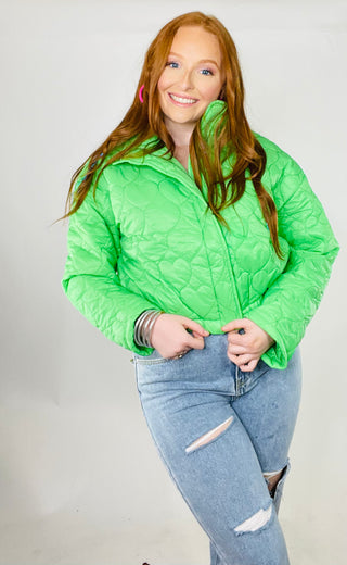 Follow Your Heart Quilted Puffer Jacket - MEDIUM AND LARGE LEFT- Flash sale, HEART, HEARTS, HOT PINK, hot pink puffer, hot pink puffer jacket, neon green, neon green puffer jacket, Outerwear, PUFFER, PUFFER JACKET., Sale-Electric Green-S-Ace of Grace Women's Boutique