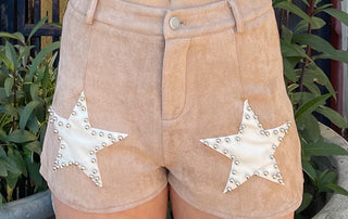 What A Stud Shorts - MEDIUM & LARGE LEFT- Bottoms, clothing, game day, maroon, Sale, shorts, STAR, STUDS, suede, tan-S-Tan-Ace of Grace Women's Boutique