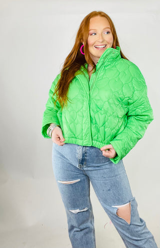 Follow Your Heart Quilted Puffer Jacket - MEDIUM AND LARGE LEFT- Flash sale, HEART, HEARTS, HOT PINK, hot pink puffer, hot pink puffer jacket, neon green, neon green puffer jacket, Outerwear, PUFFER, PUFFER JACKET., Sale-Ace of Grace Women's Boutique