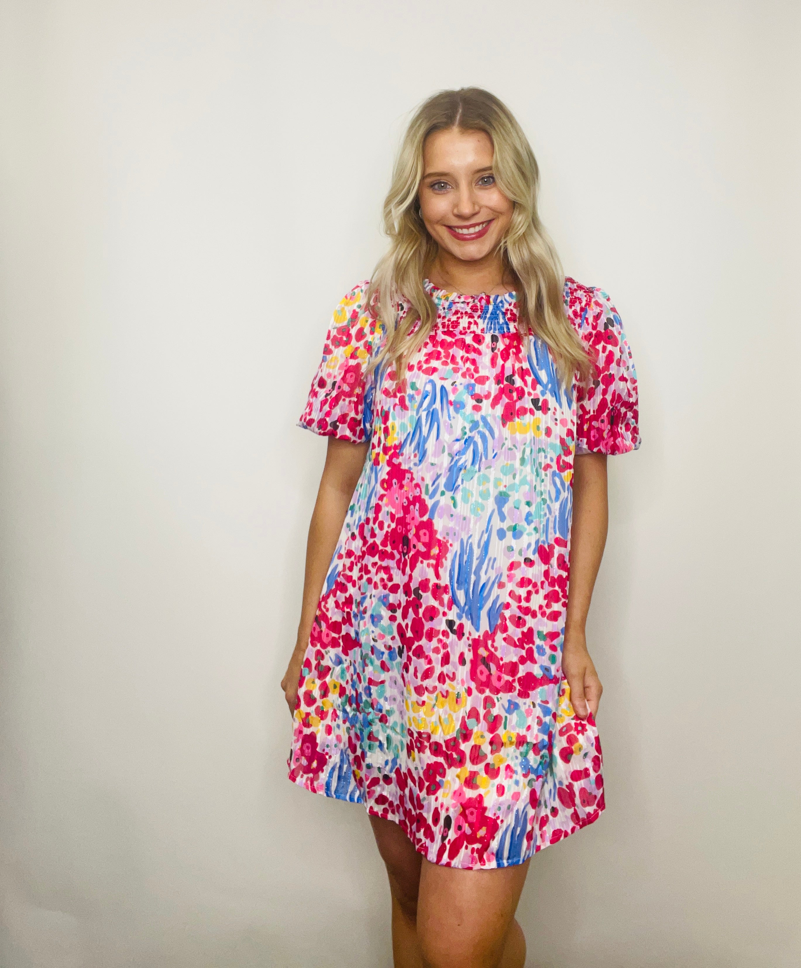 Colorful Smocked Puff Sleeve Dress