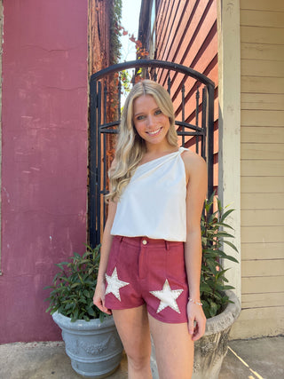 What A Stud Shorts - MEDIUM & LARGE LEFT- Bottoms, clothing, game day, maroon, Sale, shorts, STAR, STUDS, suede, tan-Ace of Grace Women's Boutique