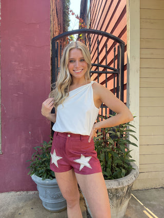 What A Stud Shorts - MEDIUM & LARGE LEFT- Bottoms, clothing, game day, maroon, Sale, shorts, STAR, STUDS, suede, tan-Ace of Grace Women's Boutique