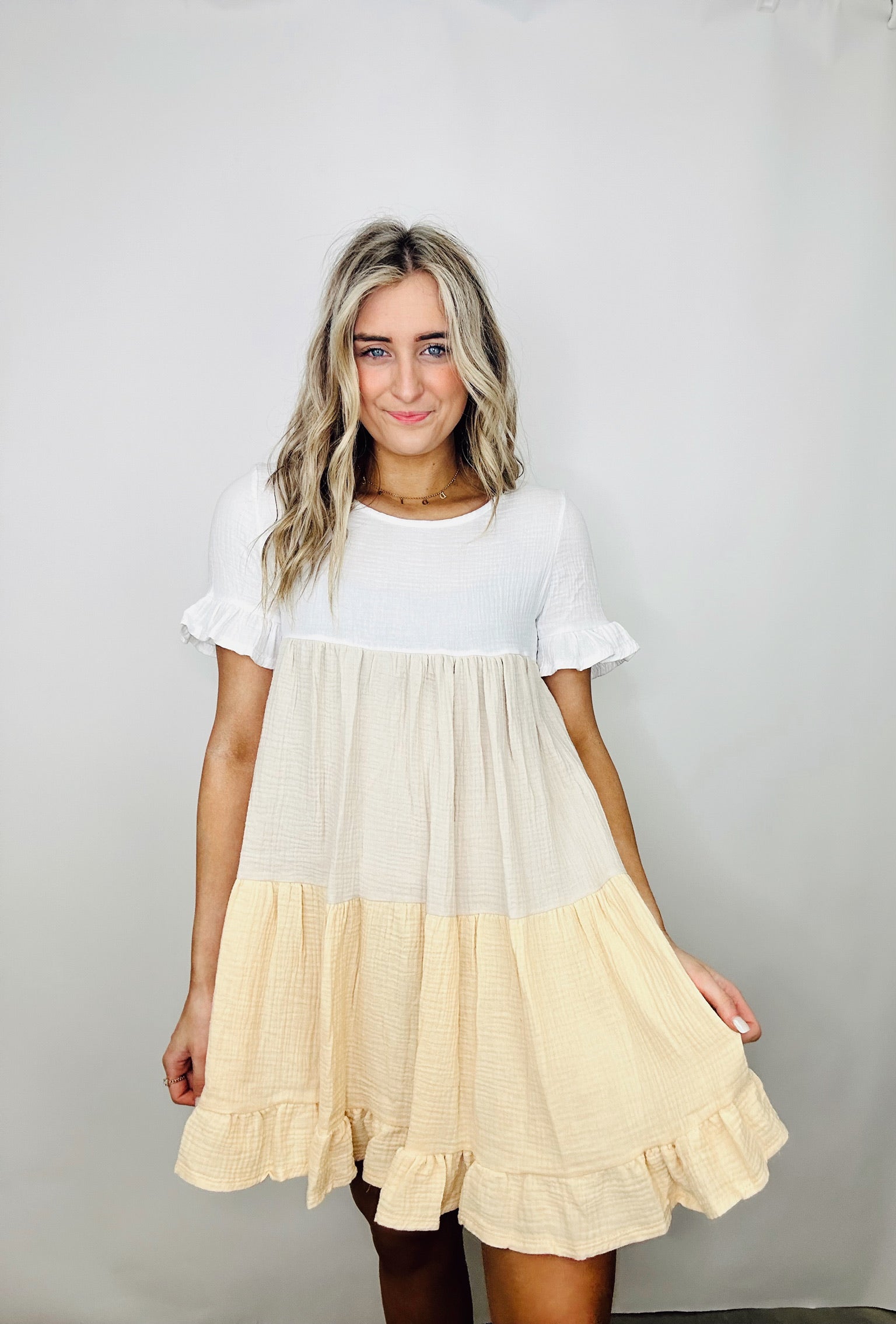 Ivory/Taupe/Yellow Tiered Dress