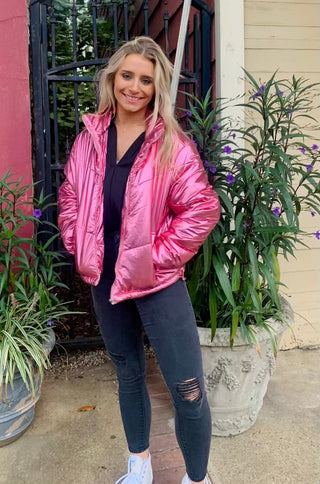 Shimmer & Shine Metallic Puffer Jacket- clothing,Outerwear-Pink-S-Ace of Grace Women's Boutique