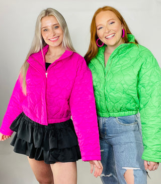 Follow Your Heart Quilted Puffer Jacket - MEDIUM AND LARGE LEFT- Flash sale, HEART, HEARTS, HOT PINK, hot pink puffer, hot pink puffer jacket, neon green, neon green puffer jacket, Outerwear, PUFFER, PUFFER JACKET., Sale-Ace of Grace Women's Boutique