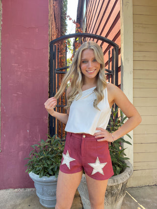 What A Stud Shorts - MEDIUM & LARGE LEFT- Bottoms, clothing, game day, maroon, Sale, shorts, STAR, STUDS, suede, tan-S-Maroon-Ace of Grace Women's Boutique