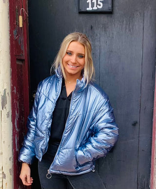 Shimmer & Shine Metallic Puffer Jacket- clothing,Outerwear-Blue-S-Ace of Grace Women's Boutique