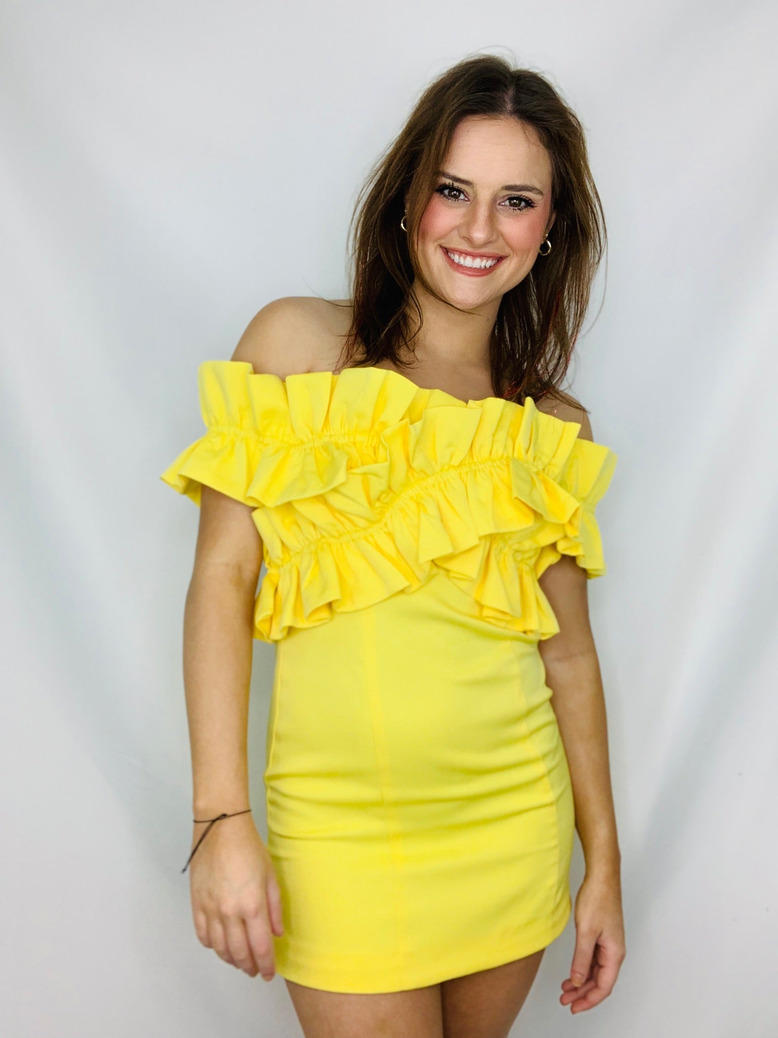 Yellow Crossed Ruffle Tube Dress