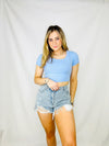 High Waisted Distressed Denim Shorts- BLUE DENIM, blue shorts, denim, denim shorts, high rise, high waisted, shorts, SUMMER SHORTS-Ace of Grace Women's Boutique